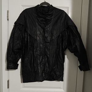 Black Women's Leather Button-Up Coat Vintage 1980s
